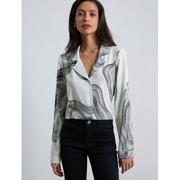 Marble Print Button Down Collared Long Sleeve Dress Shirt Top - Picture 7 of 9